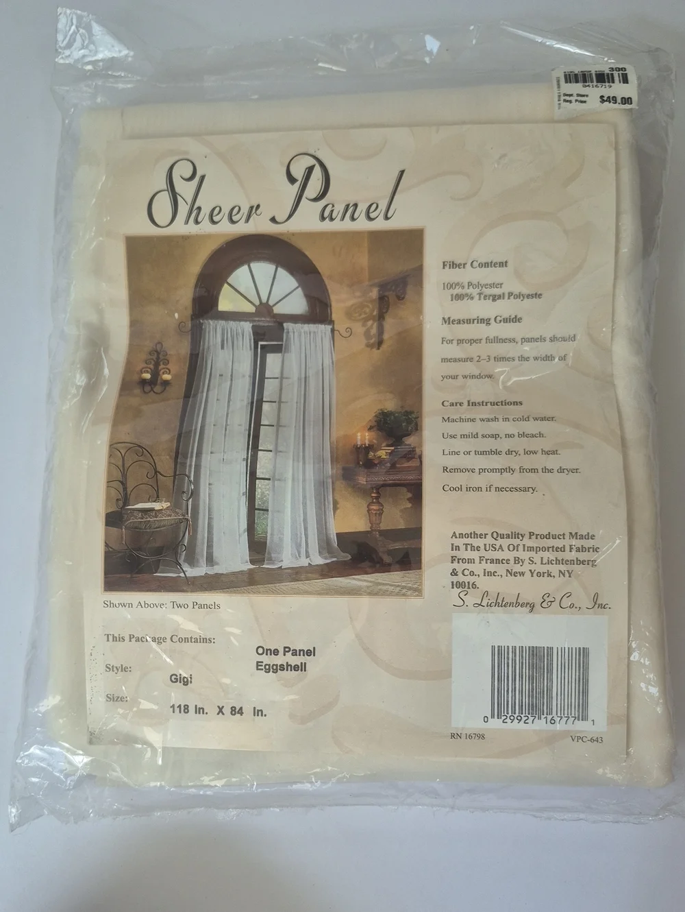Vintage S. Lichtenberg Sheer Curtain Panel Gigi Egg Shell Polyester 84